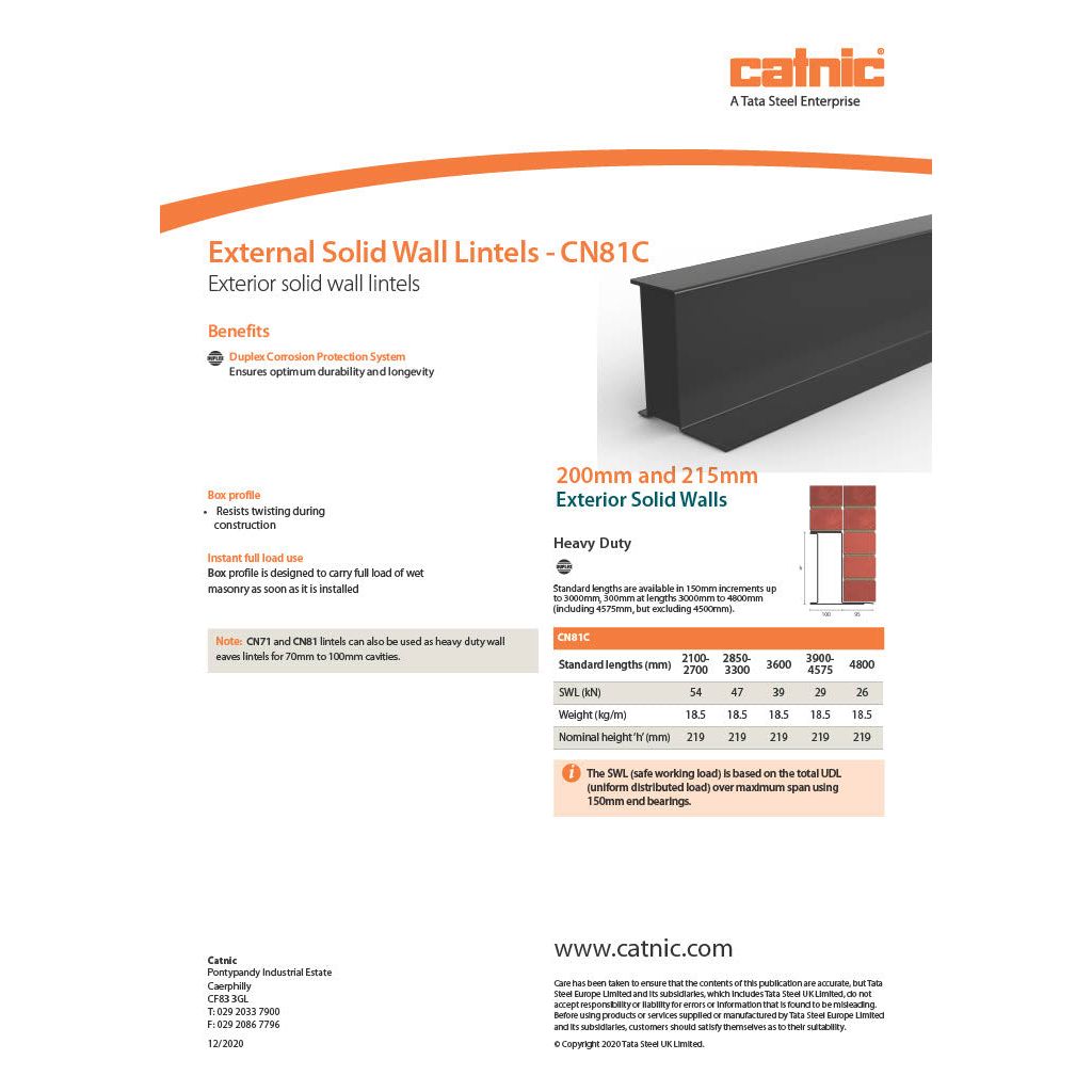 Catnic CN81B Steel Box Lintel External Solid Wall