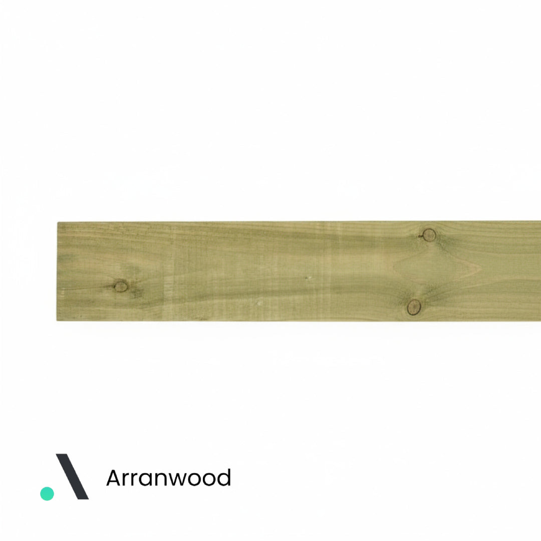 Green Treated Wooden Railway Sleeper with 'Arranwood' branding on a white background