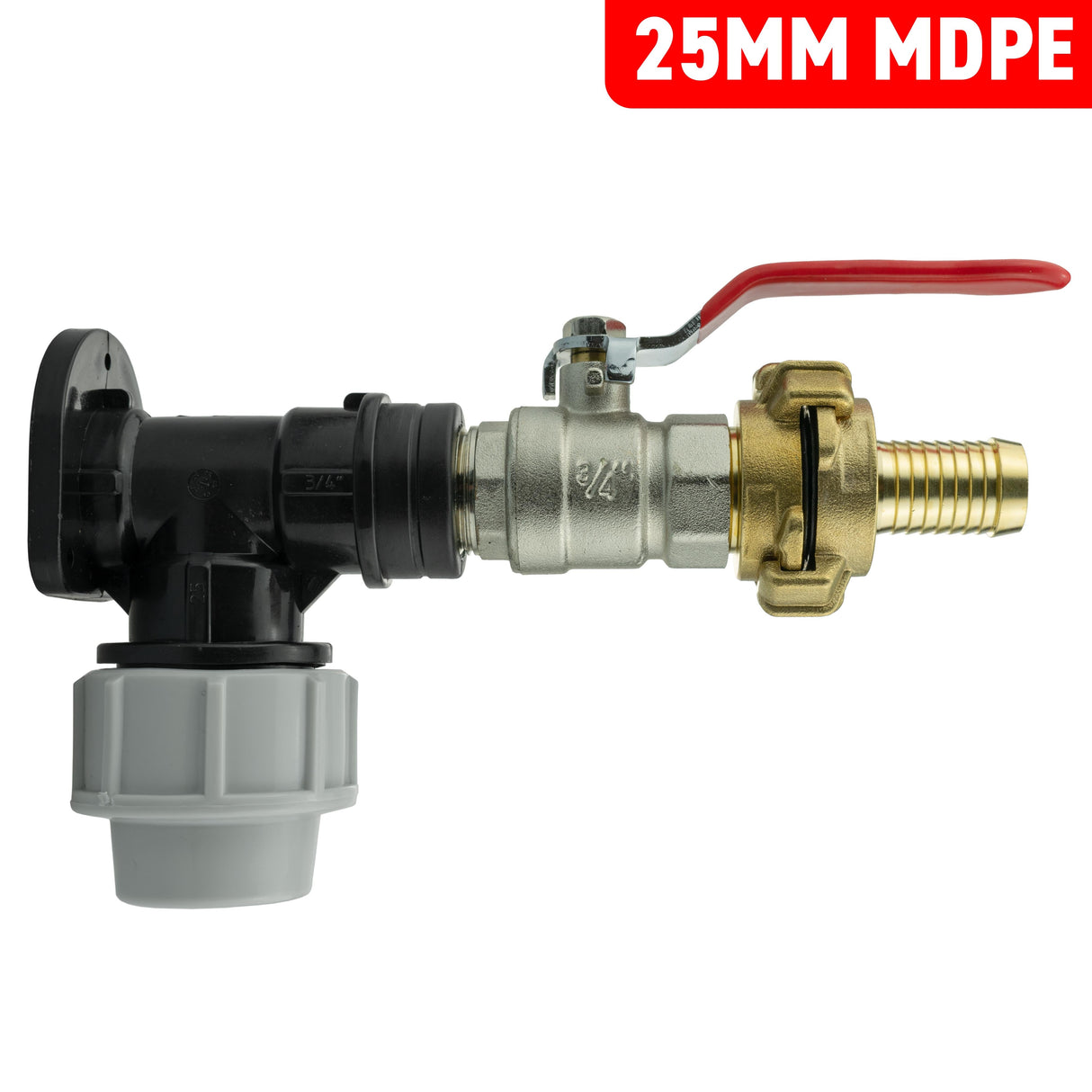 Wall Flange Kit 25mm MDPE + Lever Valve + 19mm Barbed Geka Set