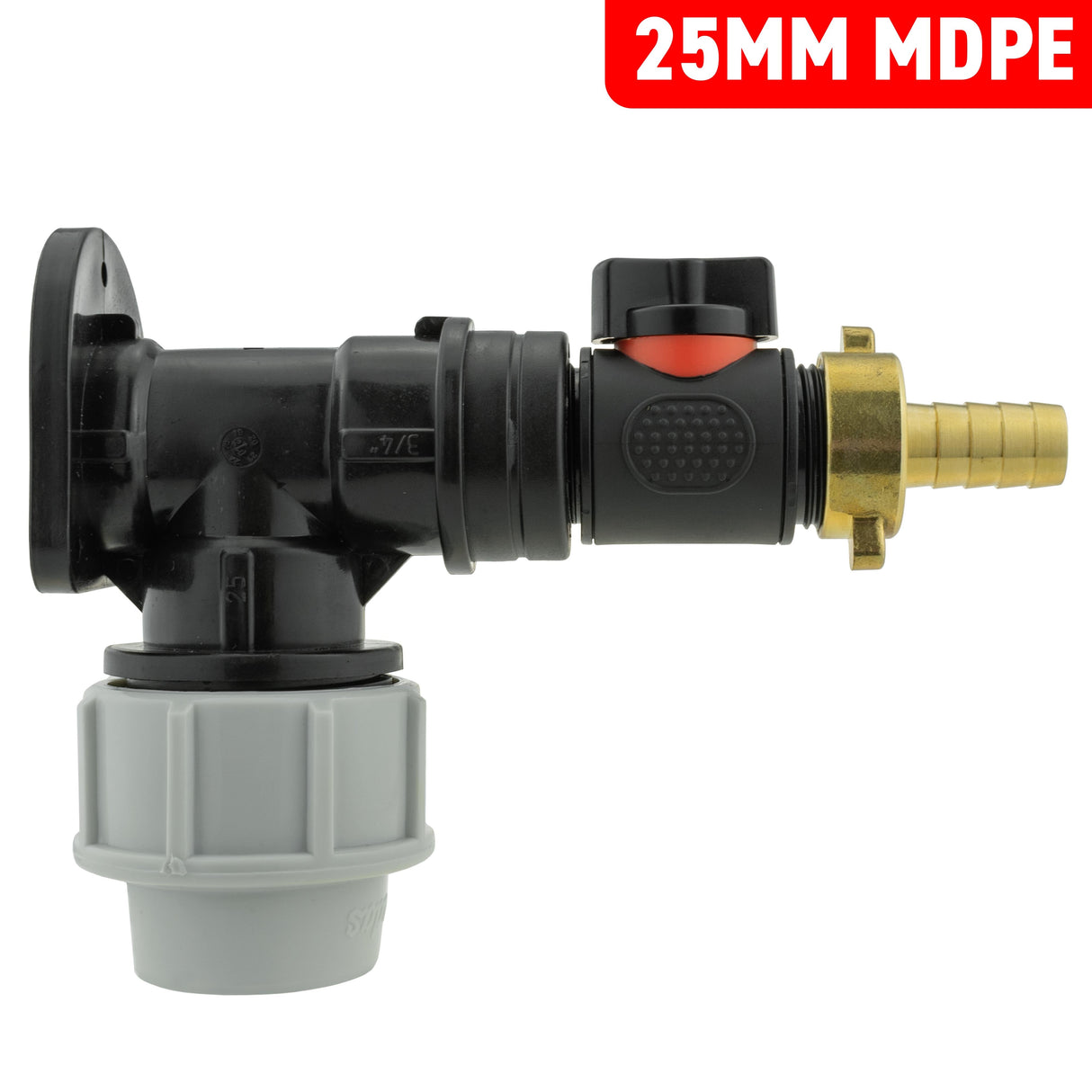 Wall Flange Kit 25mm MDPE + In-Line Valve + 13mm Brass Barb