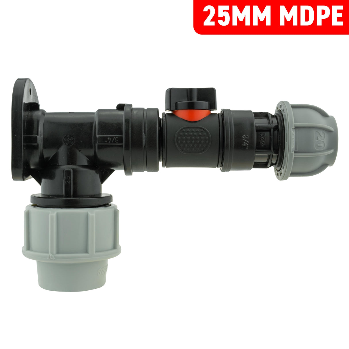 Wall Flange Kit 25mm MDPE + In-Line Valve + 20mm MDPE Joiner