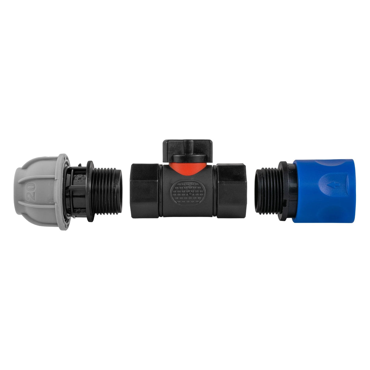 Hose Connector Blue with In-Line BSPF Valve and 20mm MDPE Straight - Armstrong Cheshire