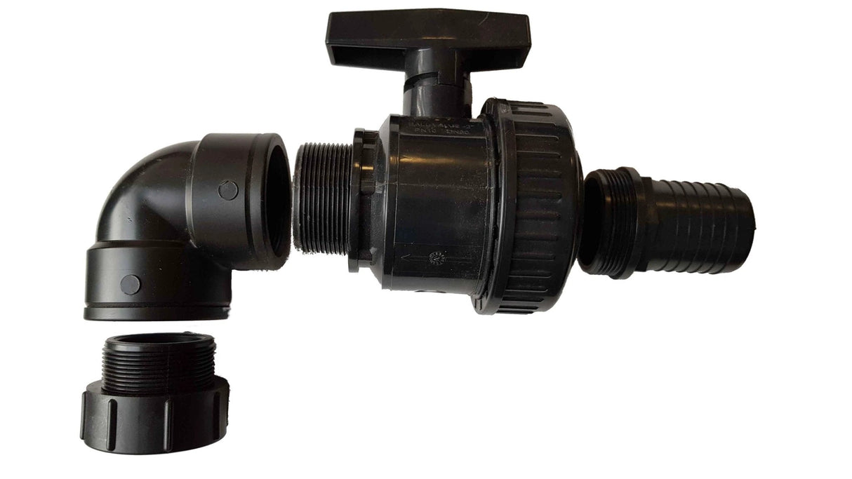 IBC 2” S60X6 Cap with Large Plastic Valve, 2” BSP Elbow and 50mm Barb Straight - Armstrong Cheshire