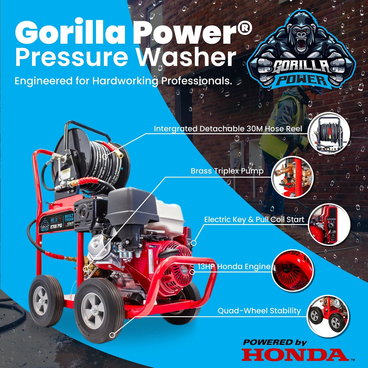 Kiam GORILLA POWER® 2700PSI 25LPM 13HP Petrol Pressure Washer Honda GX390 Engine - Armstrong Cheshire