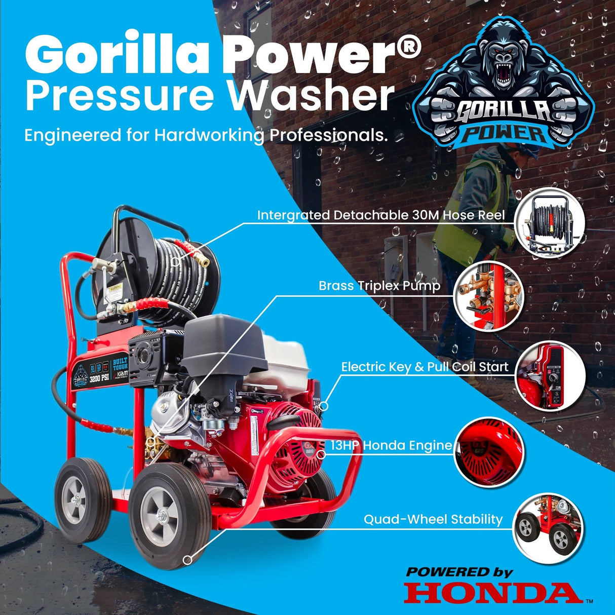 Kiam GORILLA POWER® 3200PSI 21LPM 13HP Petrol Pressure Washer Honda GX390 Engine - Armstrong Cheshire