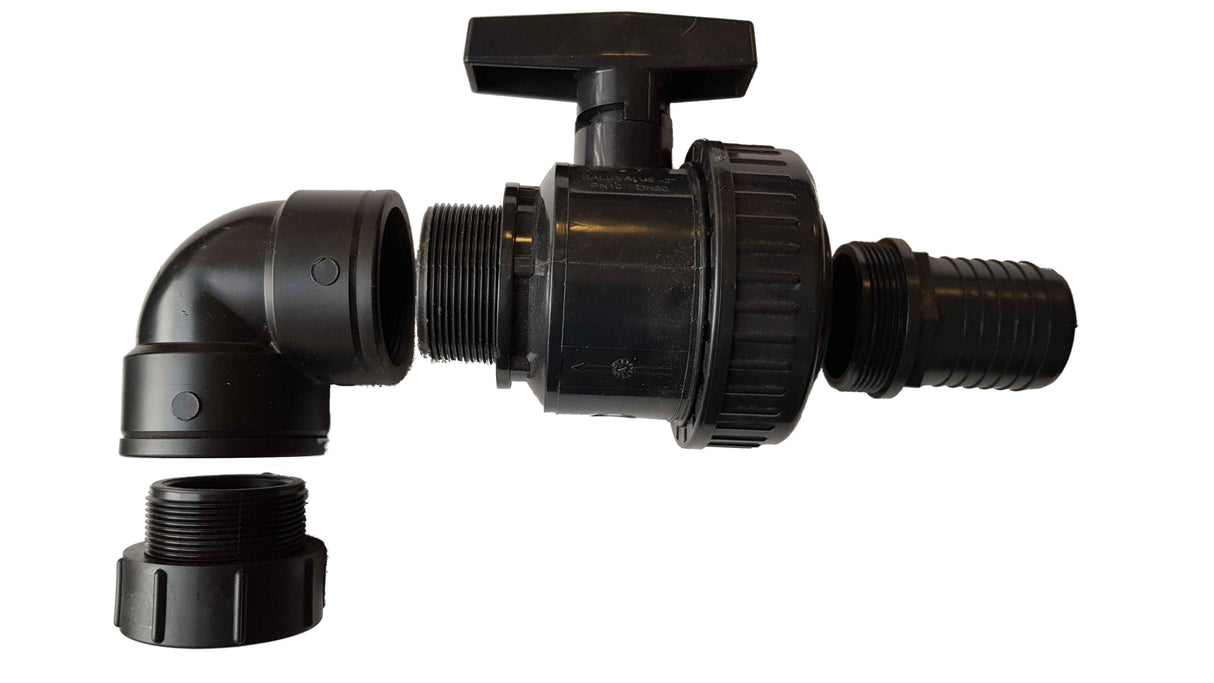 IBC 2” S60X6 Cap with Large Plastic Valve, 2” BSP Elbow and 50mm Barb Straight