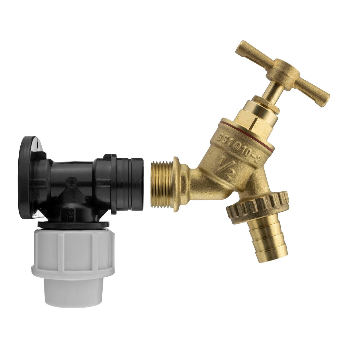 Wall Flange Kit 20mm MDPE - Brass Garden Tap 1/2" Barb - Armstrong Cheshire