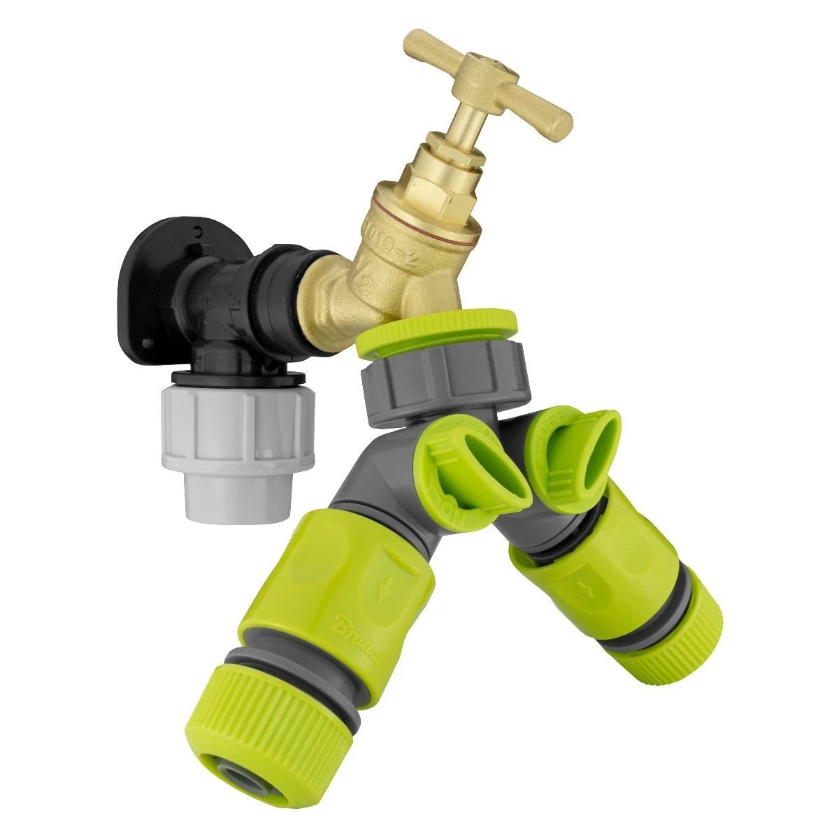 Wall Flange Kit 20mm MDPE - Brass Tap & Two Way Splitter & Connectors - Armstrong Cheshire