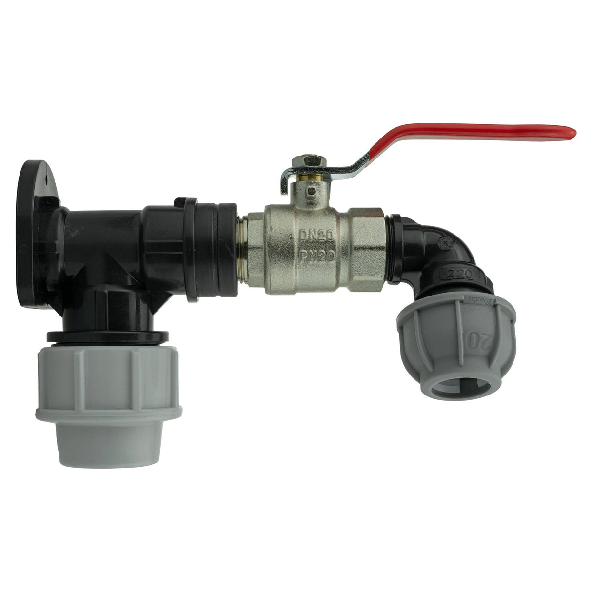 Wall Flange Kit 25mm MDPE + Lever Valve + 20mm MDPE Elbow - Armstrong Cheshire