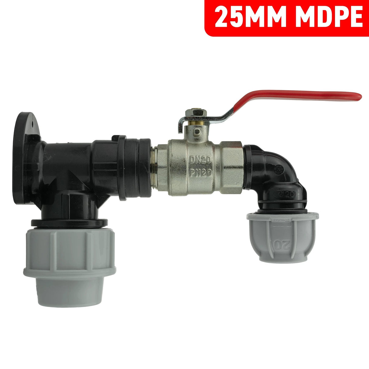 Wall Flange Kit 25mm MDPE + Lever Valve + 20mm MDPE Elbow - Armstrong Cheshire
