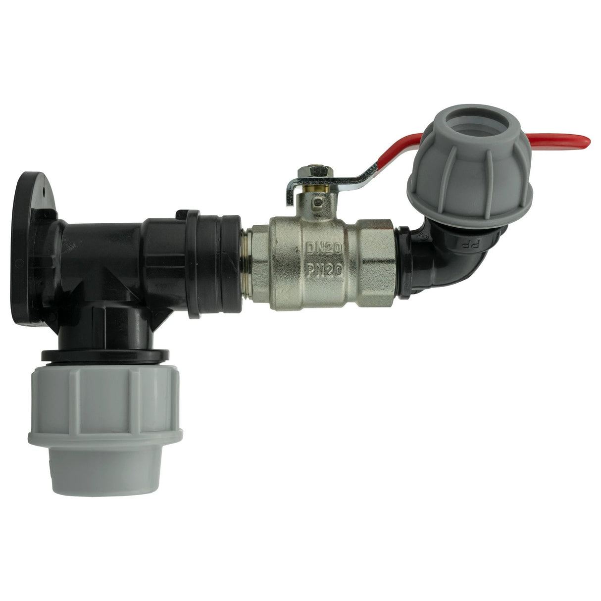 Wall Flange Kit 25mm MDPE + Lever Valve + 20mm MDPE Elbow - Armstrong Cheshire