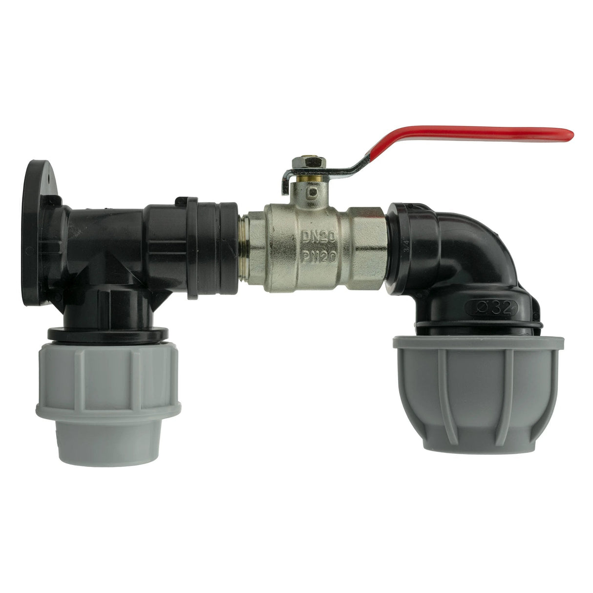 Wall Flange Kit 25mm MDPE + Lever Valve + 32mm MDPE Elbow - Armstrong Cheshire