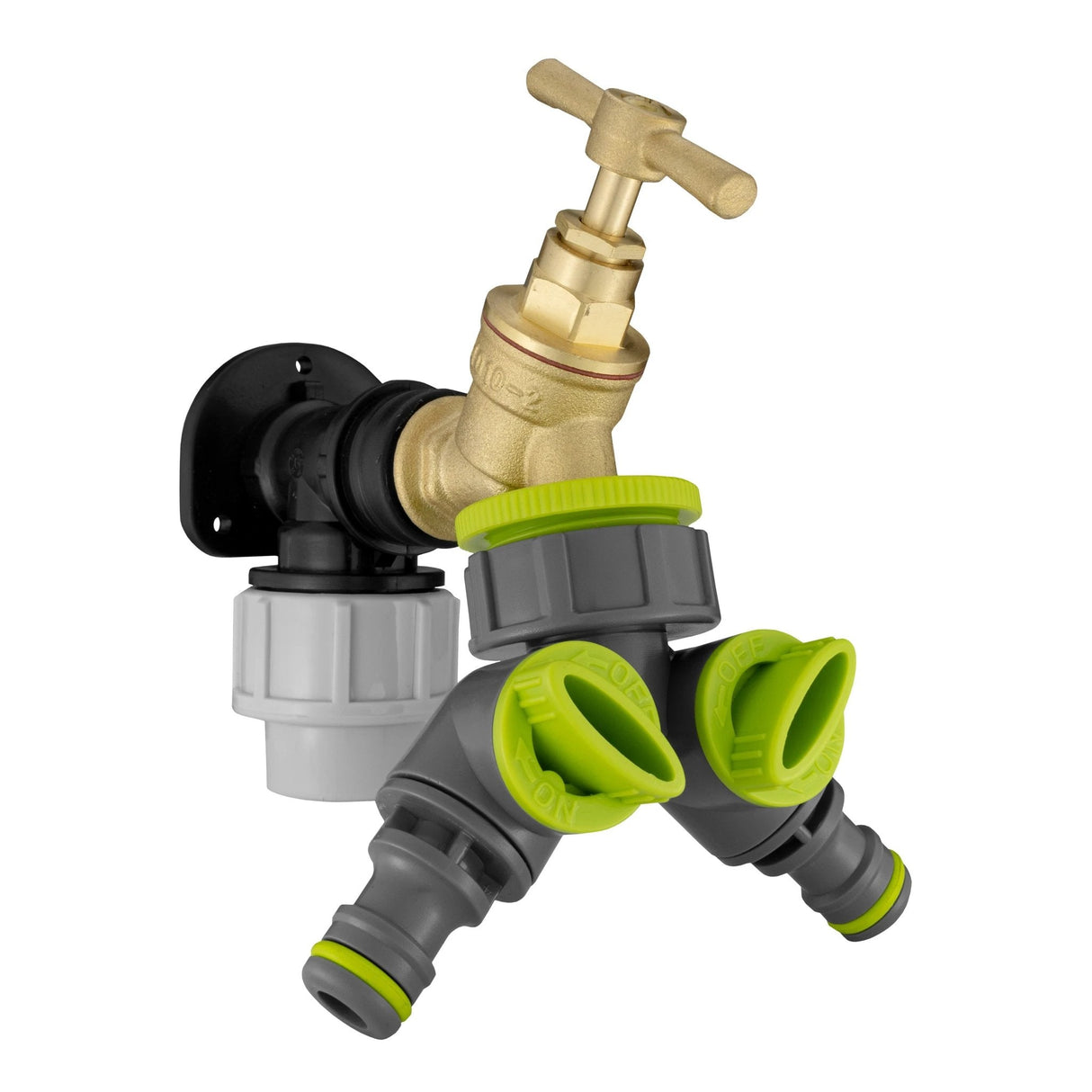 Wall Flange Kit 32mm MDPE + Brass Bib Tap + Lime Two Way Tap Splitter - Armstrong Cheshire