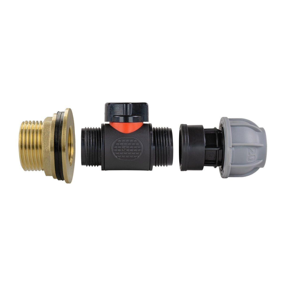 Water Butt Brass Kit 1" with In-Line Valve + 20mm MDPE - Armstrong Cheshire