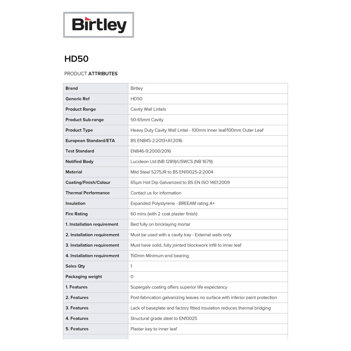 Birtley Heavy Duty Cavity Lintel 50mm HD50 - Armstrong Cheshire