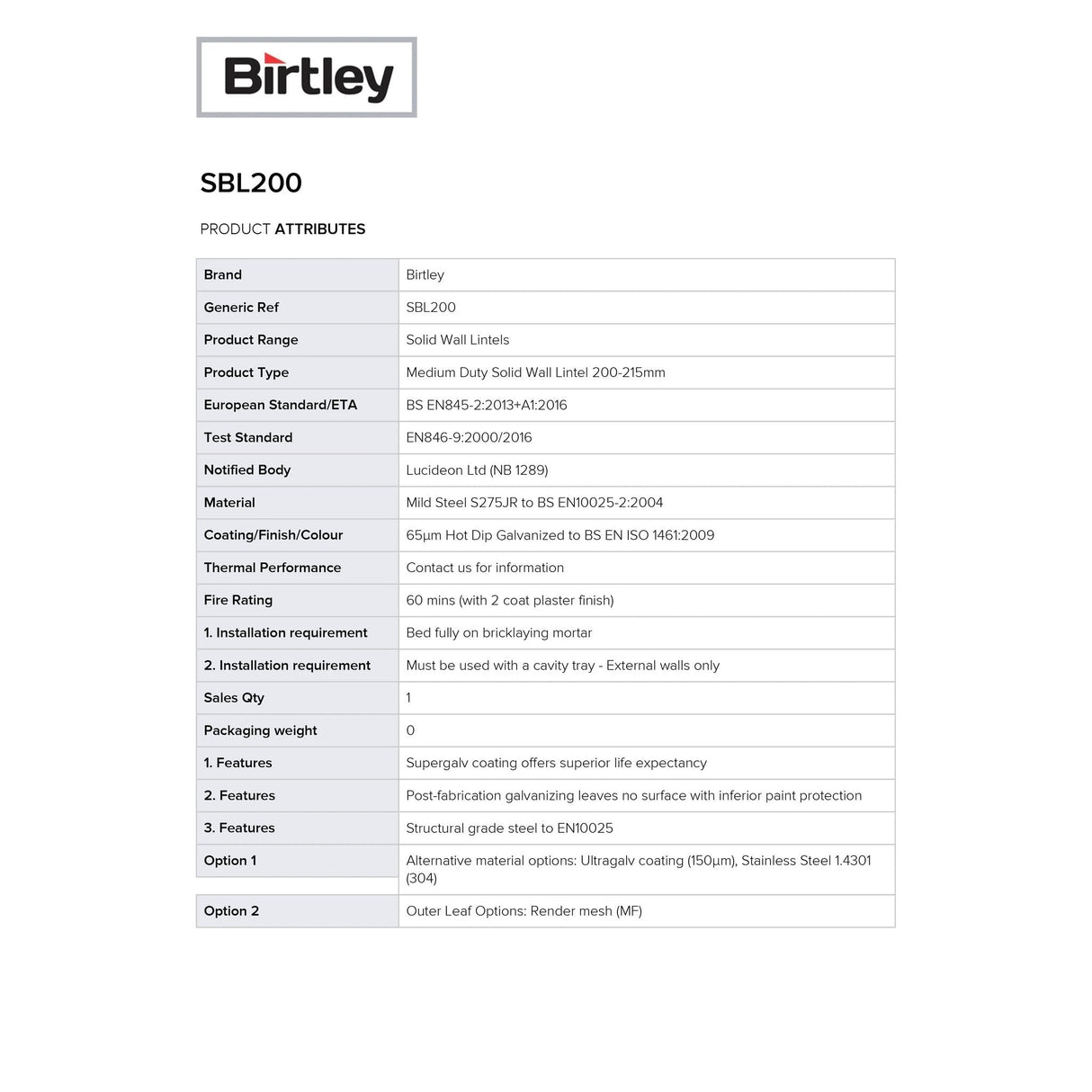 Birtley Medium Duty Solid Wall Lintel 200mm SBL200 - Armstrong Cheshire