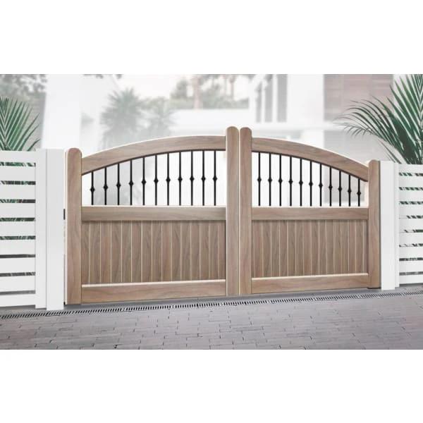 Curved Top Metal Double Driveway Gate with Mixed Infill Wood Effect - Armstrong Cheshire