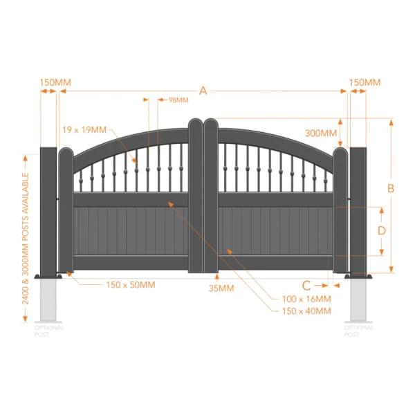 Curved Top Metal Double Driveway Gate with Mixed Infill Wood Effect - Armstrong Cheshire