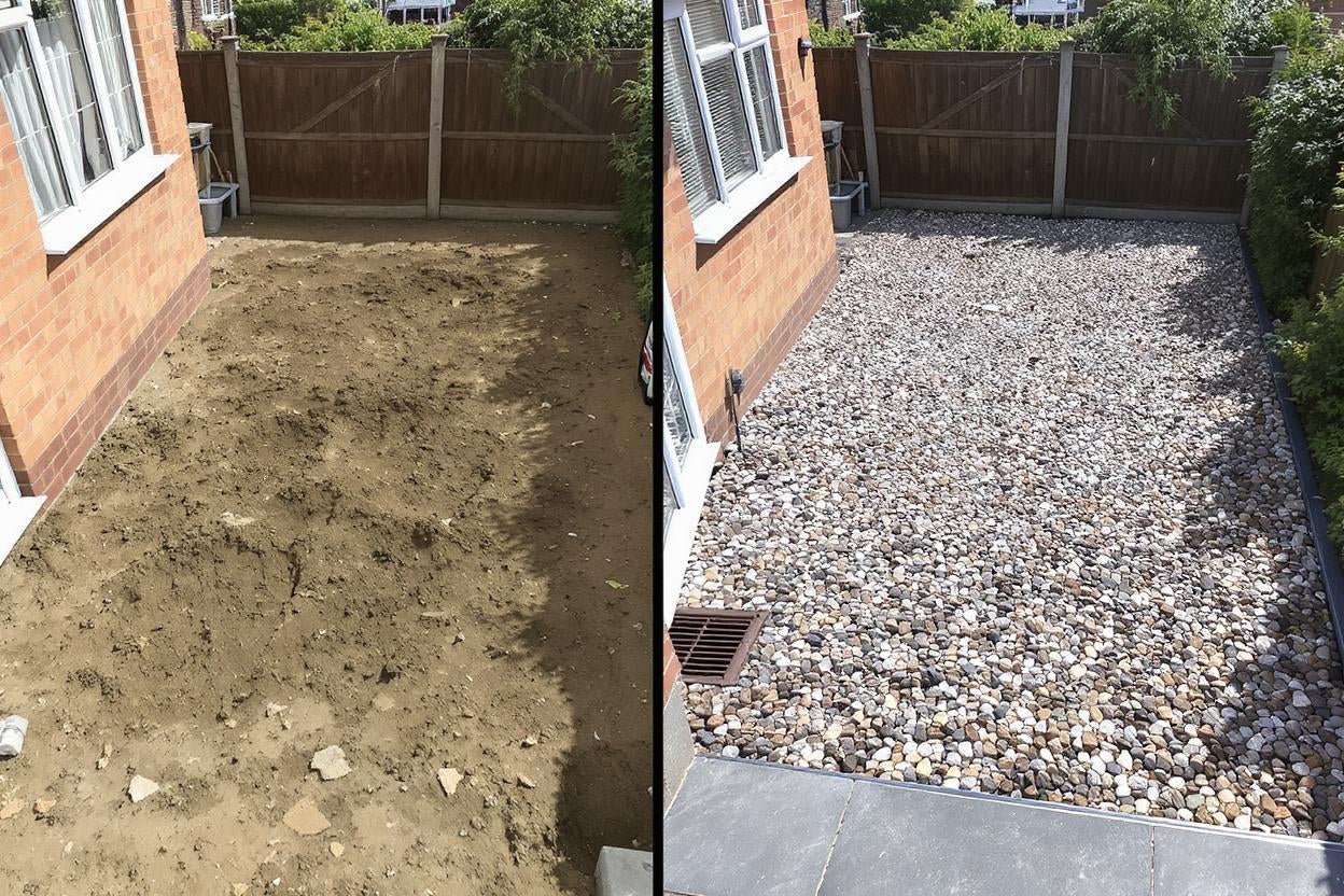 Before-and-after split-screen overhead: left, unraked dirt courtyard; right, finished alpine stone gravel patio with metallized edging, bright midday sun