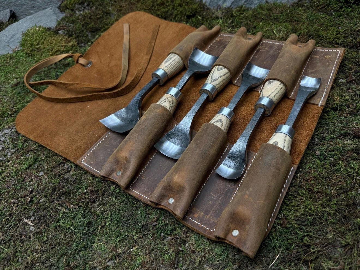 Hand-Forged Wood Carving Gouge Set | Whittling and Spoon Carving, Leather Roll