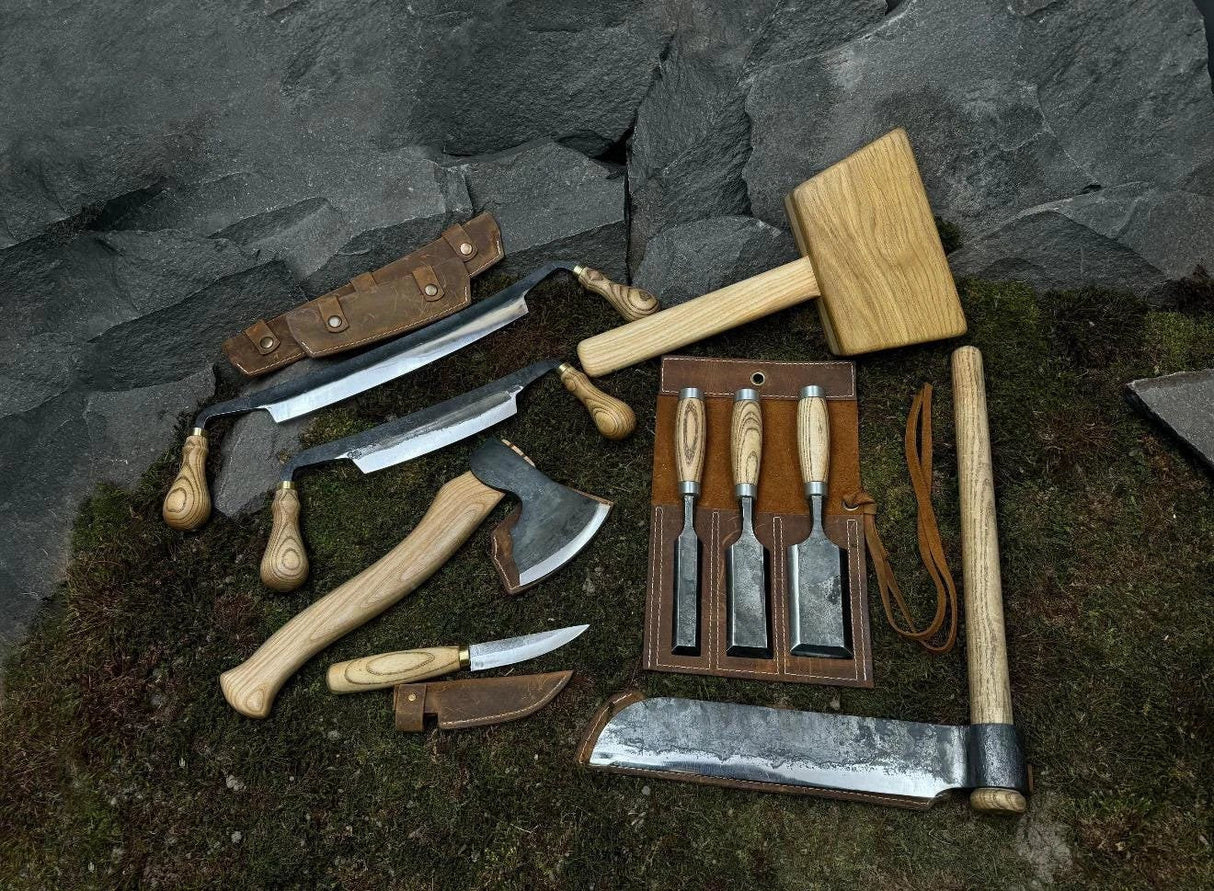 10 pieces pack Artisan Wood Carving Set – Axe, Mallet, Chisels Knives for Spoon & Bowl Making by CraftoriaShop