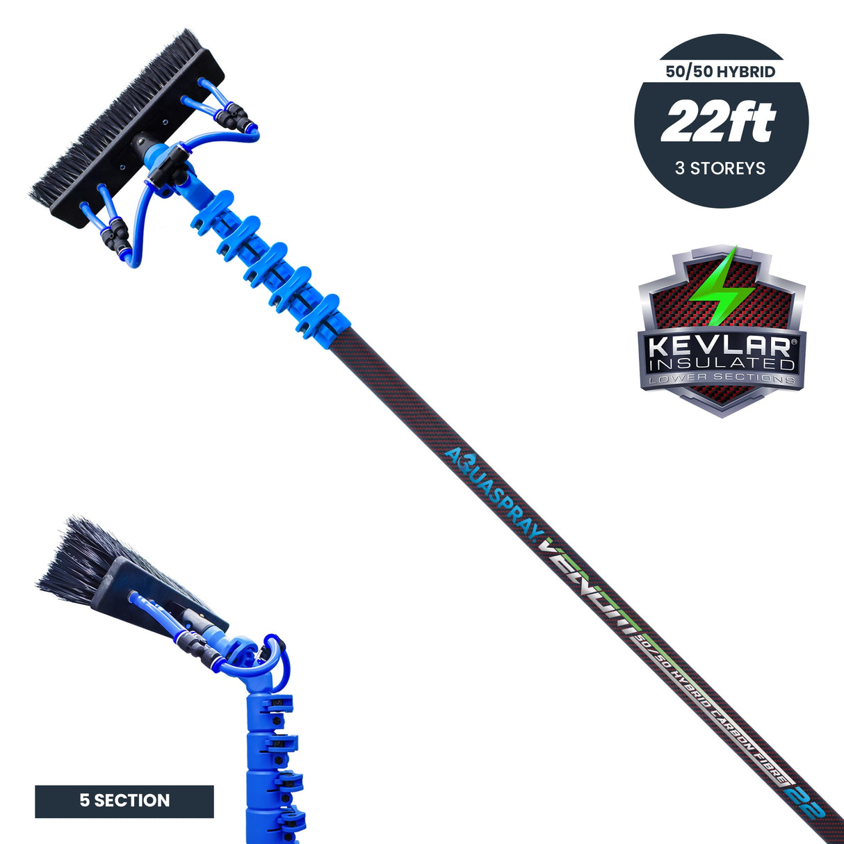 Aquaspray Venom 22ft Hybrid 50% Carbon, 50% Fiberglass Waterfed Window Cleaning Pole – 5 Sections