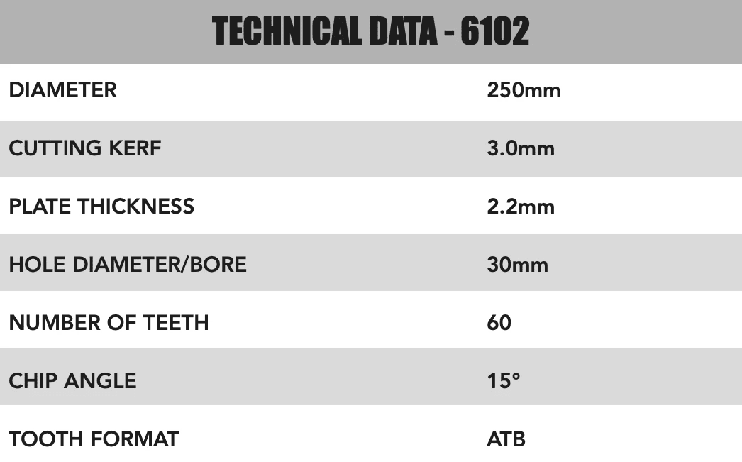 250mm x 30mm x 3.0mm 60 Tooth ATB Circular Saw Blade - 6102 - Armstrong Cheshire