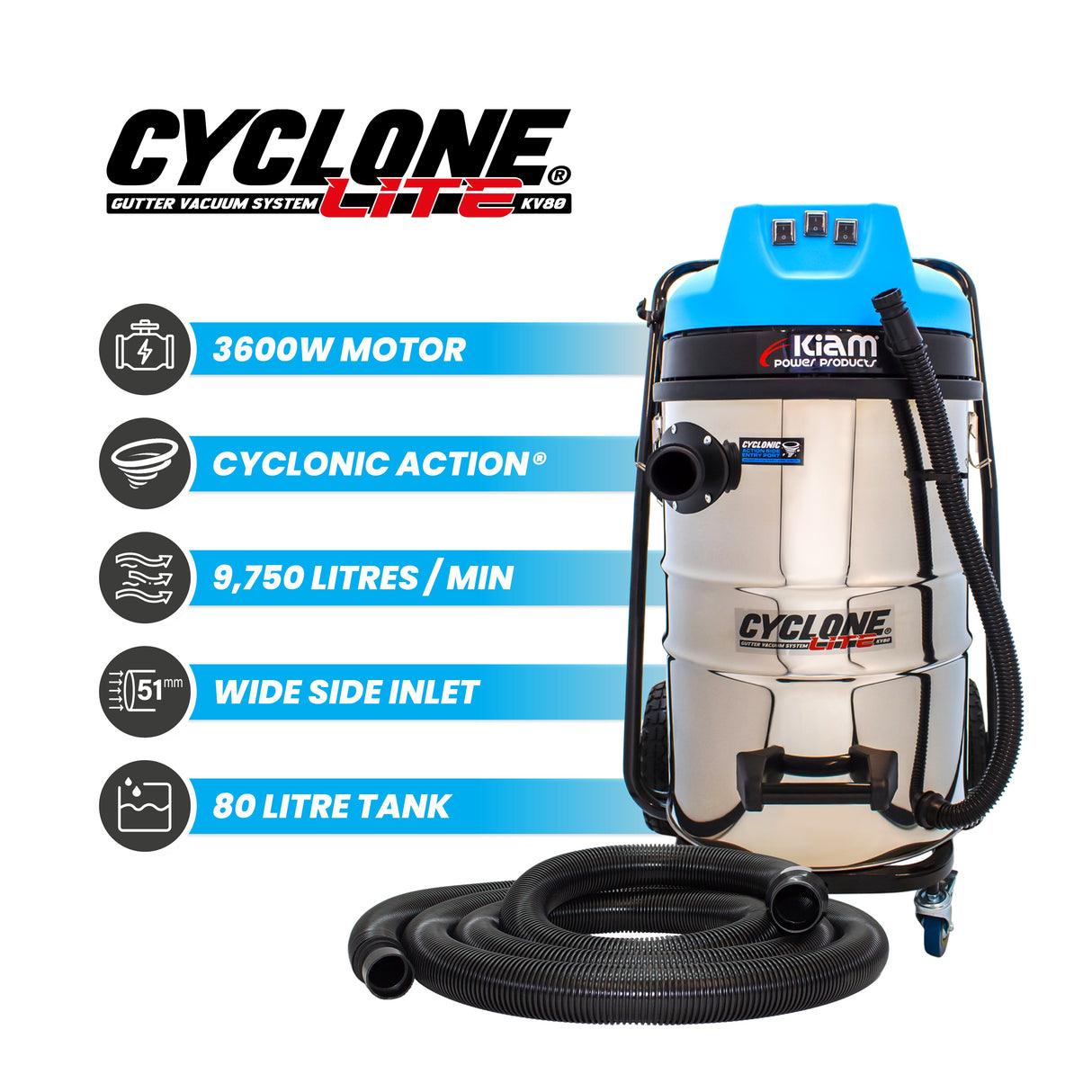 Cyclone Lite KV80 Gutter Vacuum 3600W - Side Entry