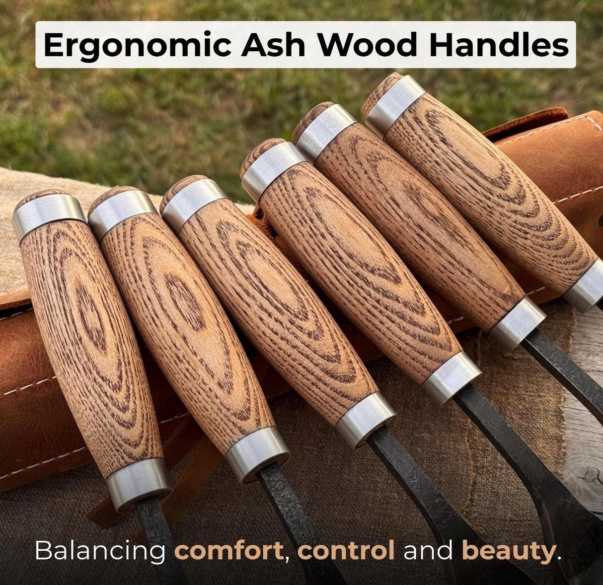 Professional Woodworking Tool Hand-Forged Spoon Carving Gouge Set – 52100 Steel, Ash Handles