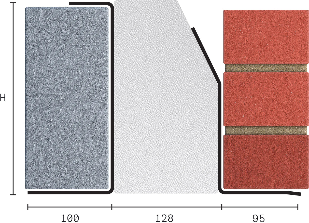 Section of CATNIC TX130 100 Lintel; detail of red brick integration and insulation.