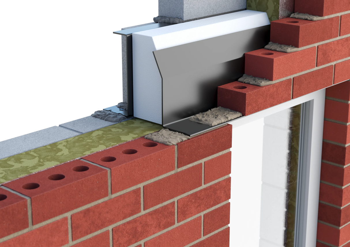 CATNIC TX130 100 lintel showcasing layered brickwork, insulation, and a clean window frame integration.