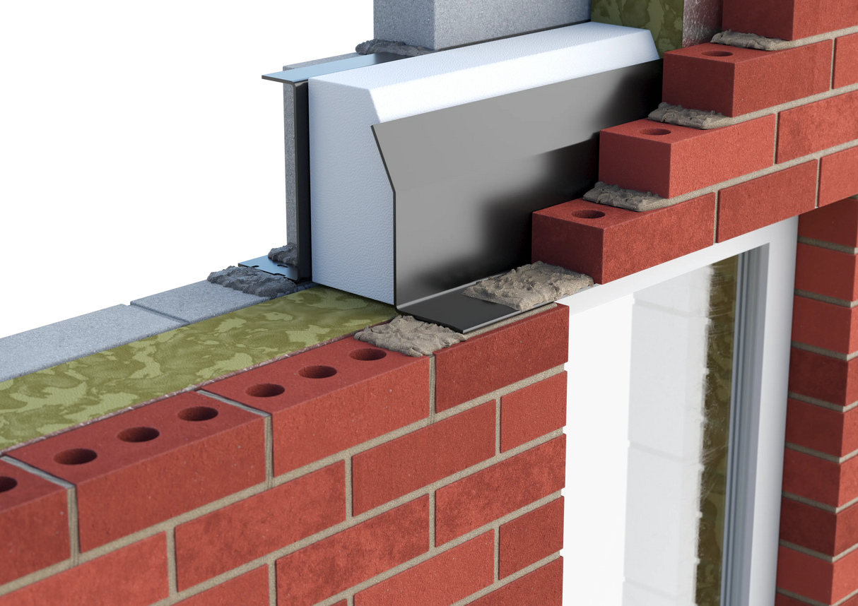 CATNIC TX150 100 lintel showcasing layered brickwork, insulation, and a clean window frame integration.