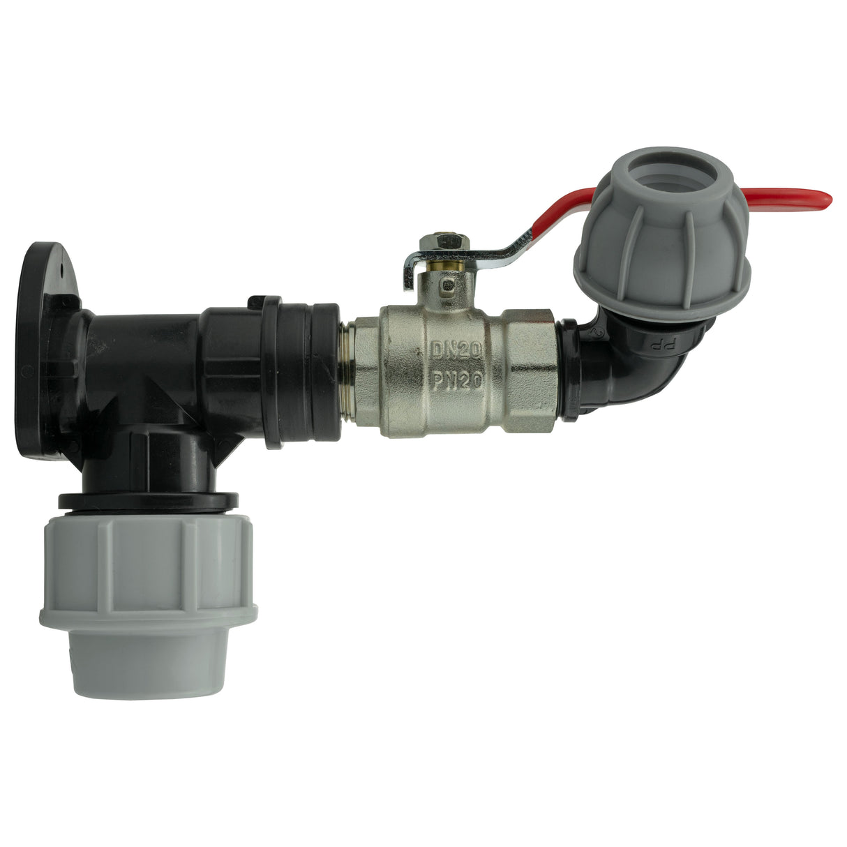 Wall Flange Kit 32mm MDPE + Lever Valve + 20mm MDPE Elbow