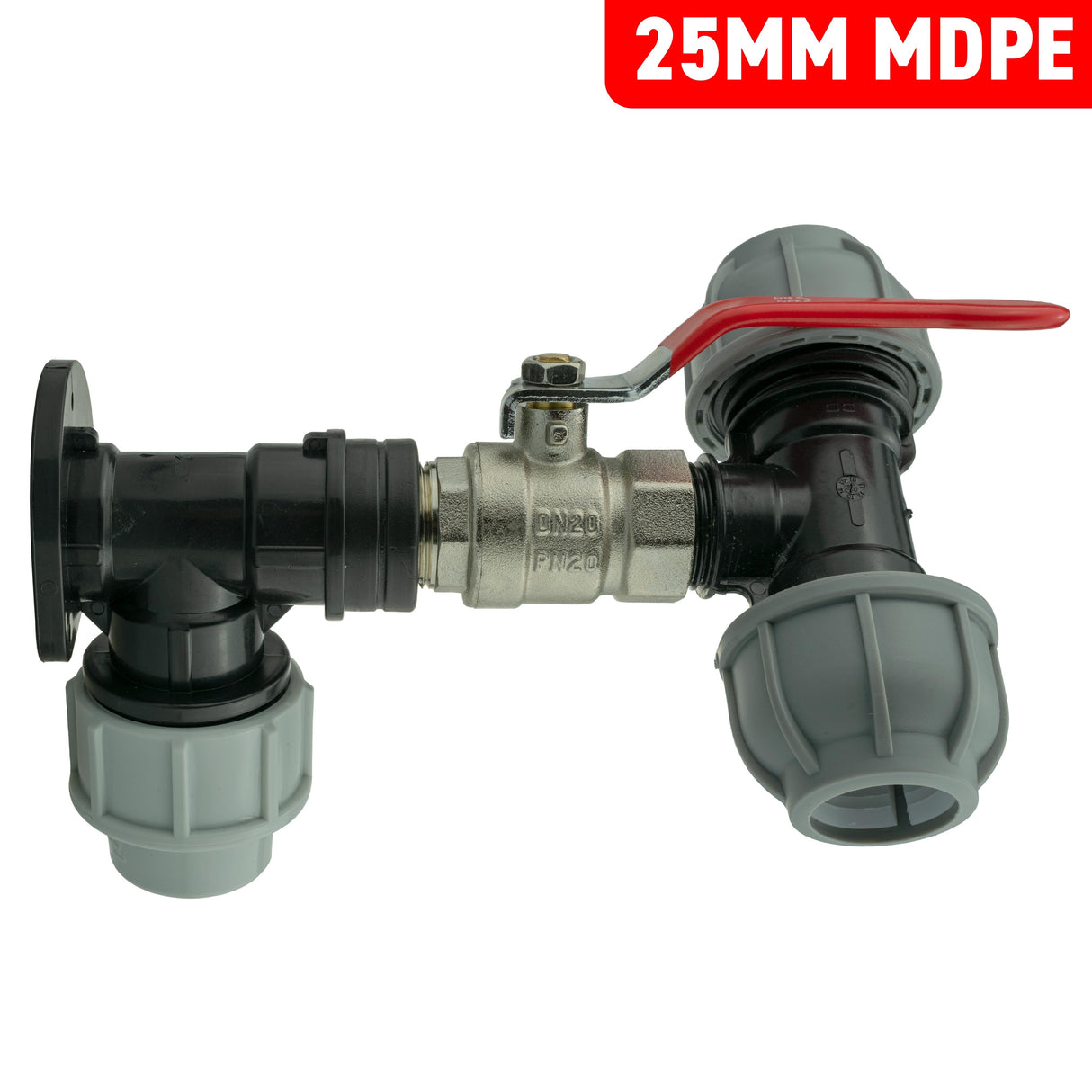 Wall Flange Kit 25mm MDPE + Lever Valve + 25mm MDPE Tee
