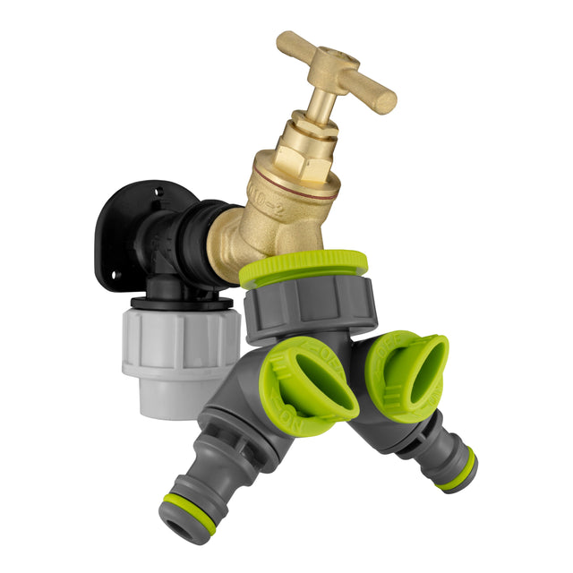 Wall Flange Kit 32mm MDPE + Brass Bib Tap + Lime Two Way Tap Splitter