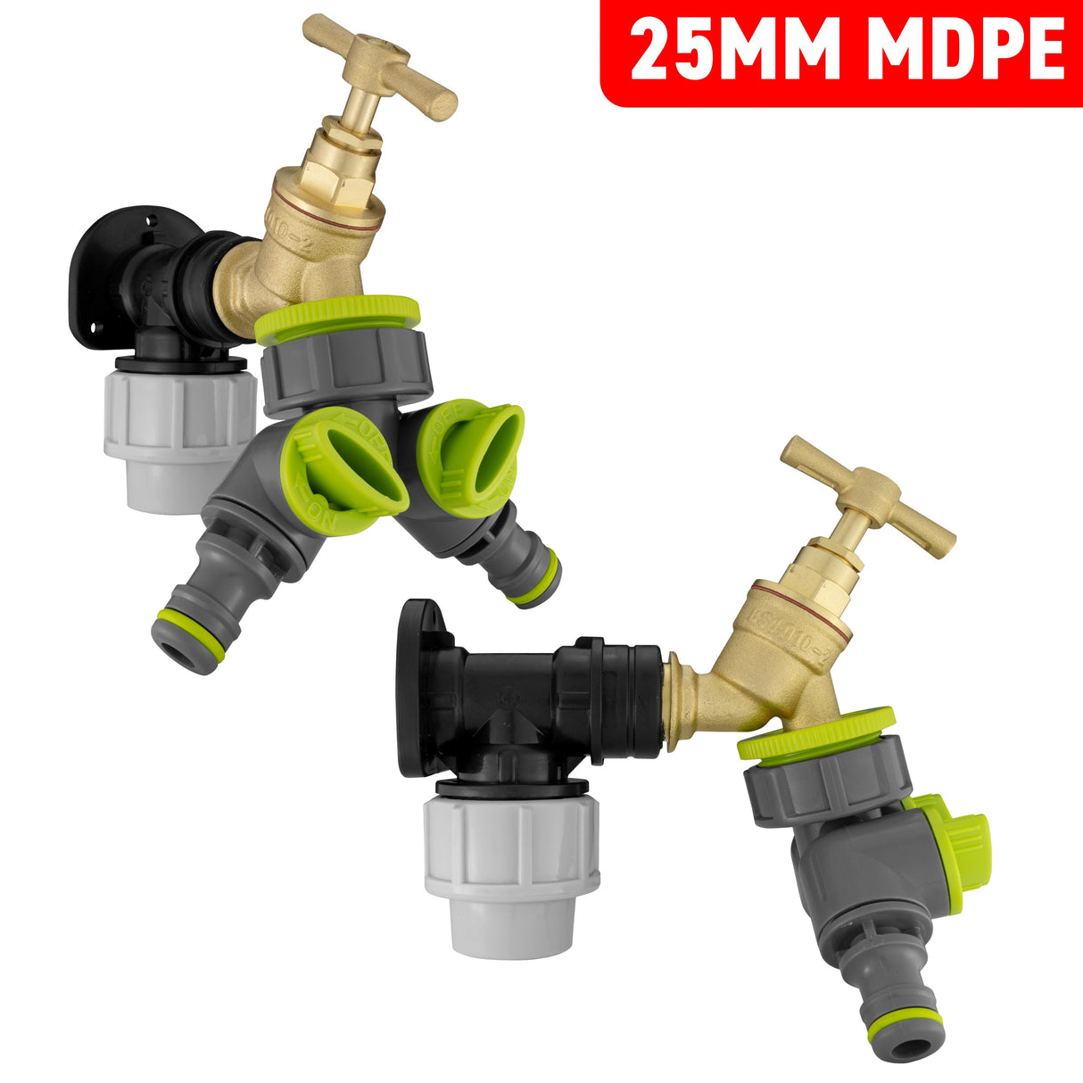 Wall Flange Kit 25mm MDPE + Brass Bib Tap + Lime Two Way Tap Splitter