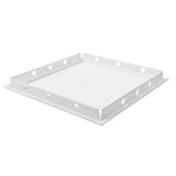 White PP access panel door 150mm x 150mm with mounting flange and round fixing holes.