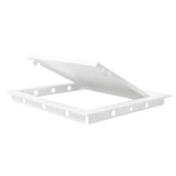 White access panel door 150mm x 150mm with hinged lid and frame with screw holes.