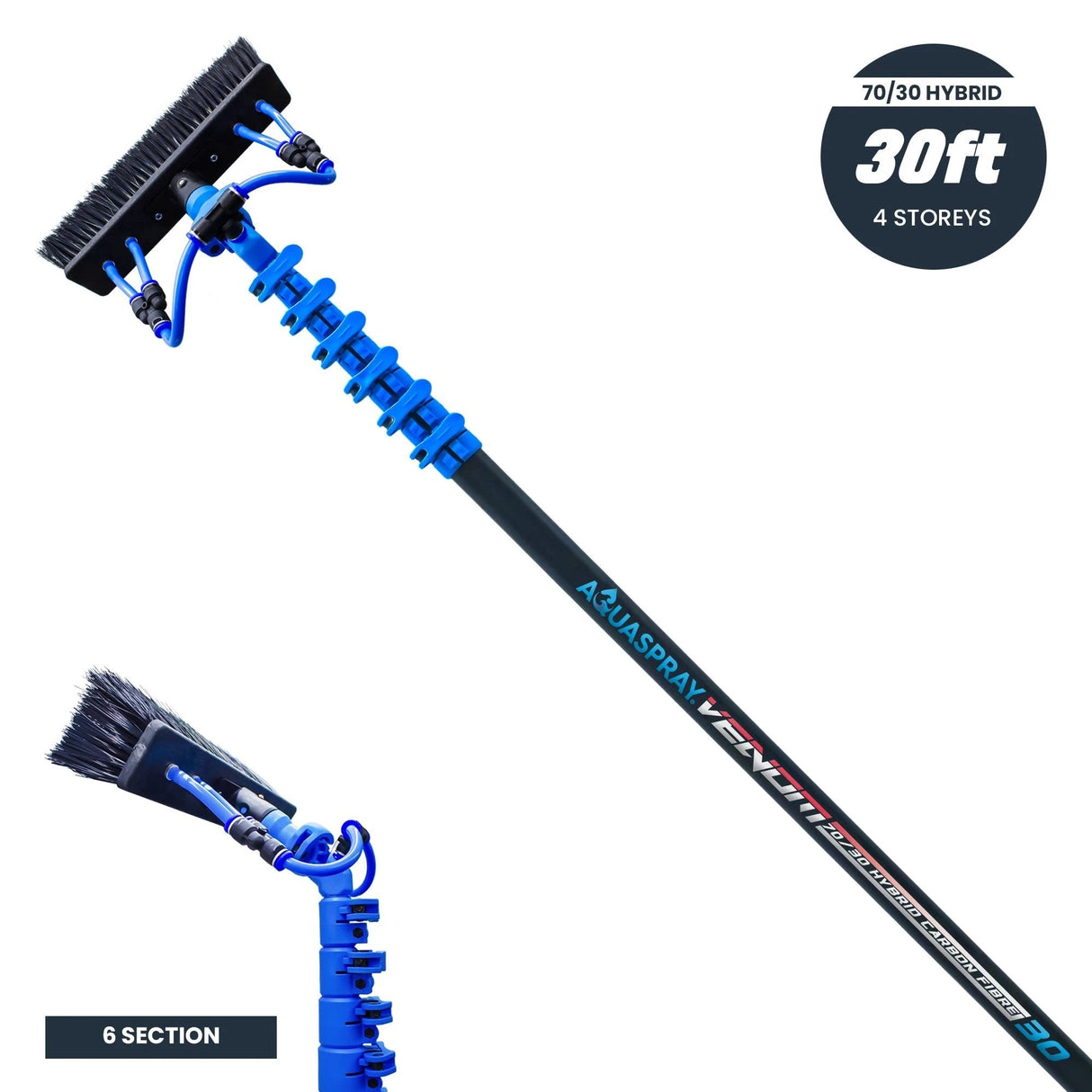Aquaspray Venom 30ft Hybrid 70% Carbon, 30% Fiberglass Waterfed Window Cleaning Pole – 6 Sections - Armstrong Cheshire