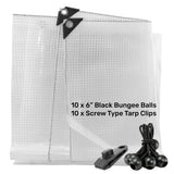 Clear XL-Grade Tarpaulin with 10 x 6" Bungee Balls (Black) and 10 x Screw Type Tarp Clips