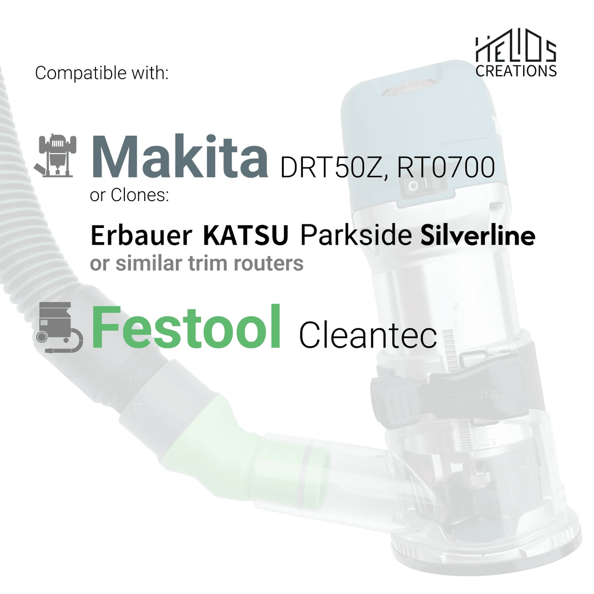 Dust Adapter for Makita RT0700 / DRT50Z and Clones to Festool Dust Extractors – Angled Seal by Helios Creations