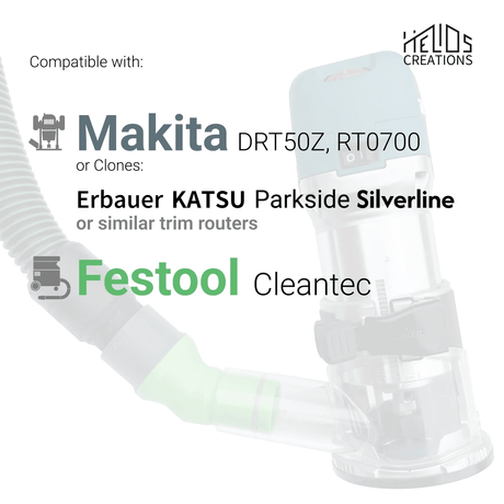 Dust Adapter for Makita RT0700 / DRT50Z and Clones to Festool Dust Extractors – Angled Seal by Helios Creations