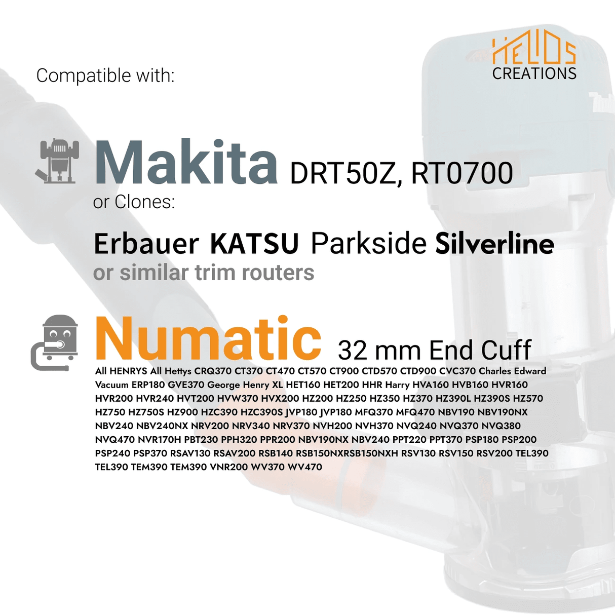 Dust Adapter for Makita RT0700 / DRT50Z and Clones to Numatic Henry Vacuum Cleaner – Angled Seal by Helios Creations