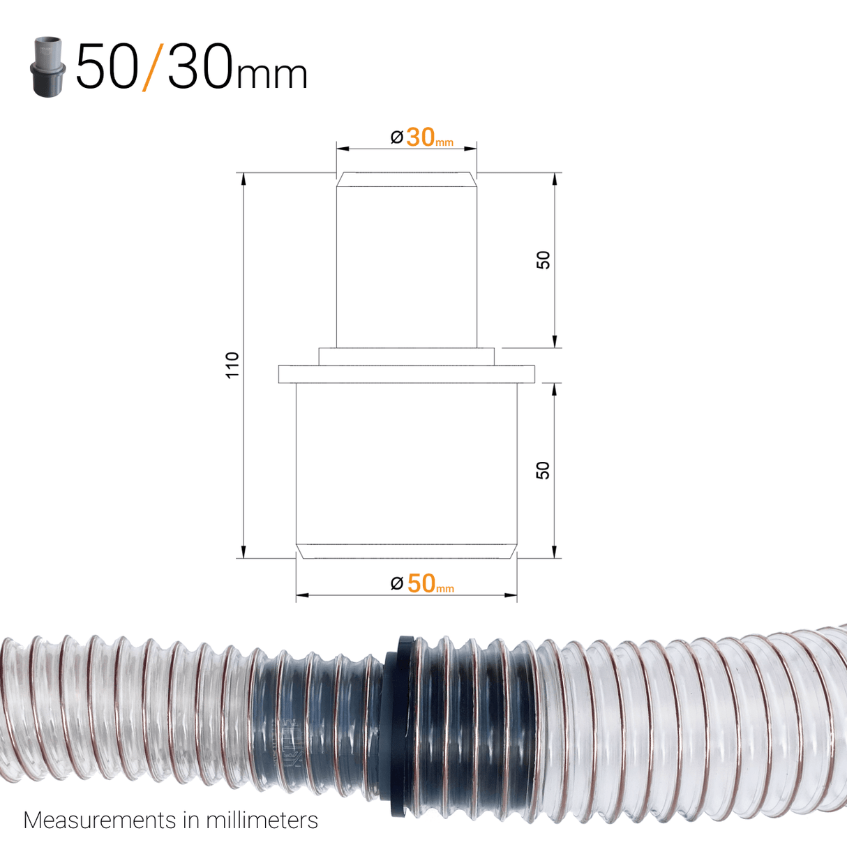 Dust Extraction Hose Reducer – 50 mm (2") to 40, 38 or 30 mm