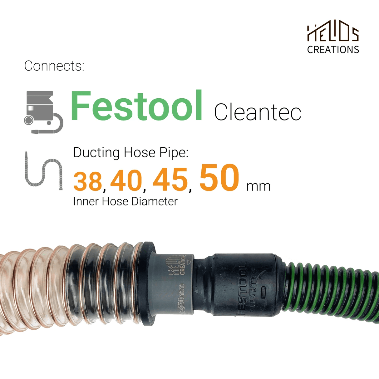 Festool Extractor to Ducting Hose Pipe Connector. Sizes: 38, 40, 45, 50, 63 mm by Helios Creations