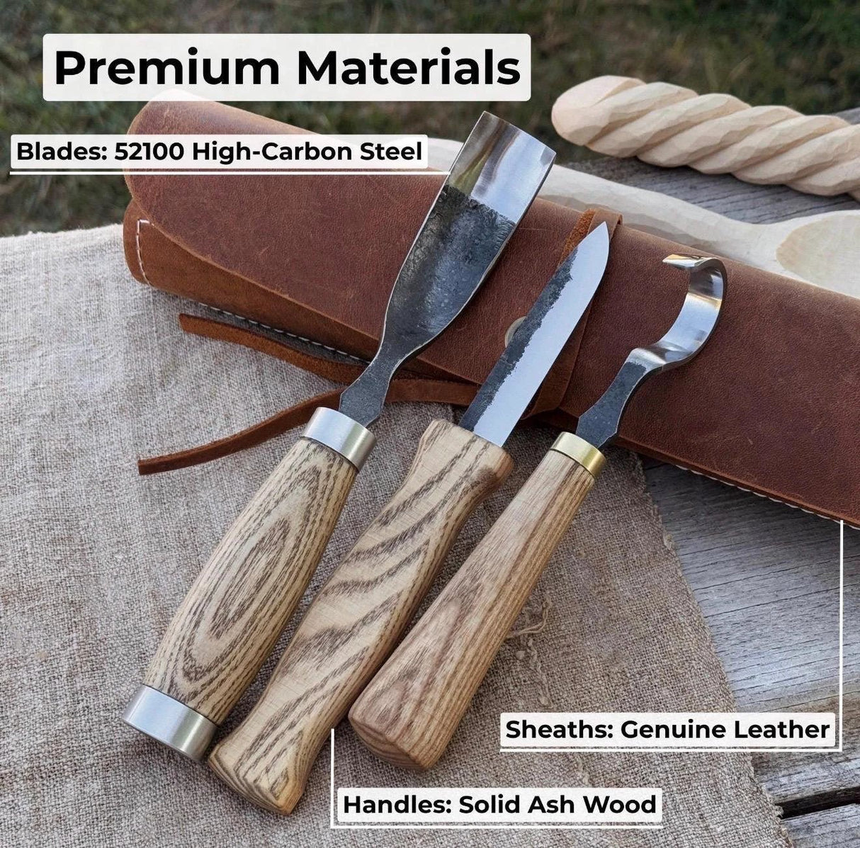 Hand-Forged Spoon Carving Knife Set: Carbon Steel, Ash Handles, Leather Sheath by CraftoriaShop