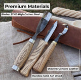 Hand-Forged Spoon Carving Knife Set: Carbon Steel, Ash Handles, Leather Sheath by CraftoriaShop