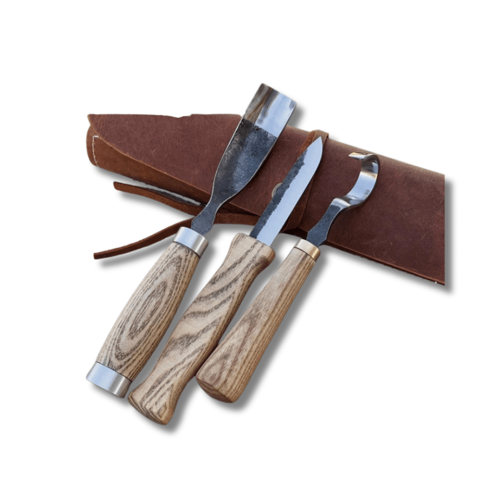 Hand-Forged Spoon Carving Knife Set: Carbon Steel, Ash Handles, Leather Sheath