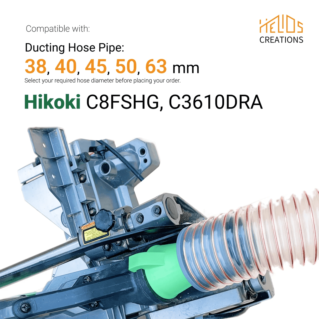 Hose Adapter for Hikoki C3610DRA & C8FSHG Mitre Chop Saw to 38, 40, 45, 50, 63 mm Hose Pipe by Helios Creations