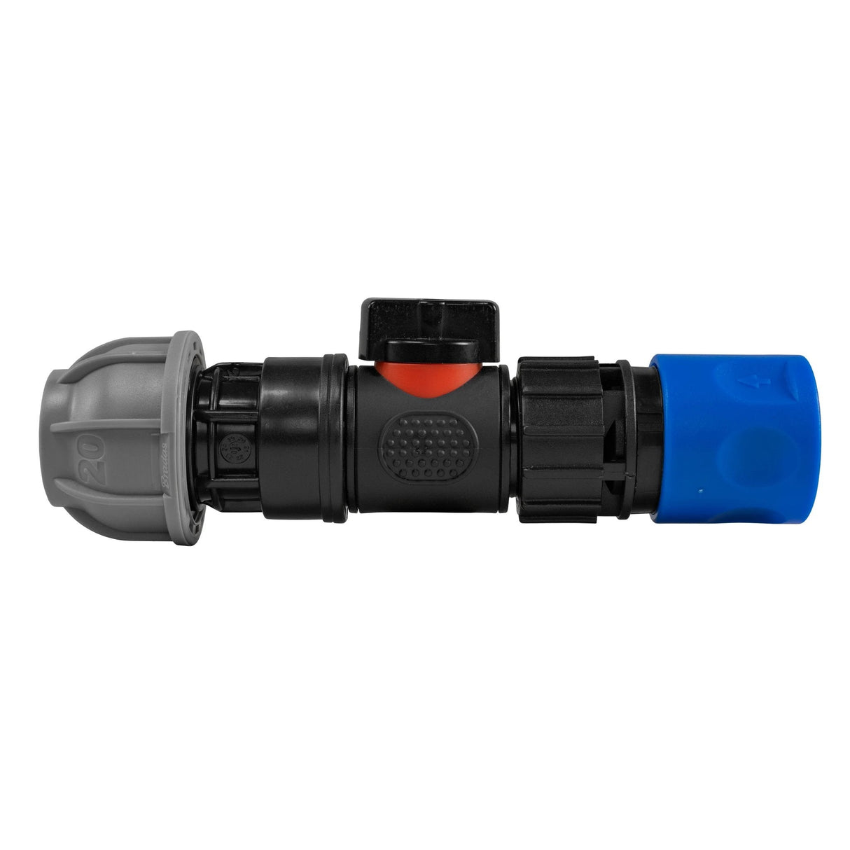 Hose Connector Blue with In-Line BSPM Valve and 20mm MDPE Straight - Armstrong Cheshire